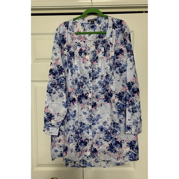 Roaman's 100% Cotton Floral Pintuck Cottage Core Button Front Tunic Blouse 30W - Picture 1 of 6